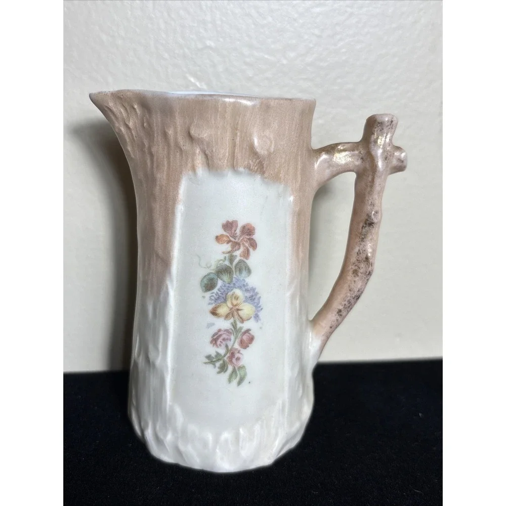 Vintage Tree Trunk Flowers Porcelain Creamer With Branch Handle  Pinkish Peach